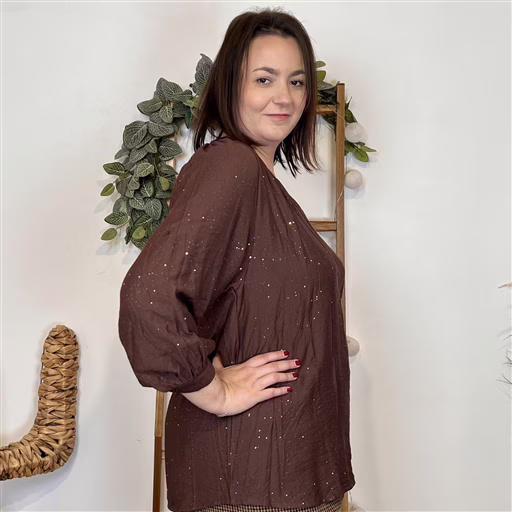 J958 - Blouse pailletée col V (T44-T52) (marron) – Image 3