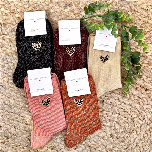 V298- Chaussettes Mila paillettes "Coeur" (rose poudré) – Image 4