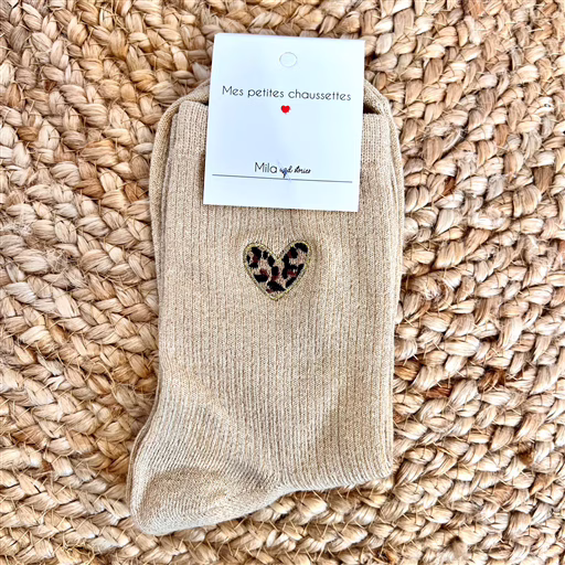 V298- Chaussettes Mila paillettes "Coeur" (beige) – Image 2