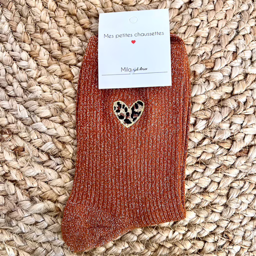 V298- Chaussettes Mila paillettes "Coeur" (rouille) – Image 2
