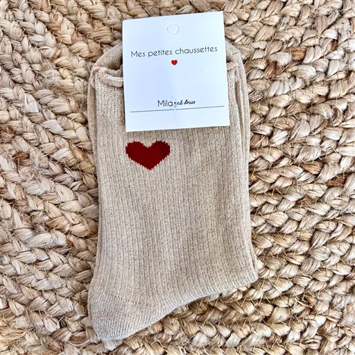 V295- Chaussettes paillettes "Coeur" , Mila (beige) – Image 2