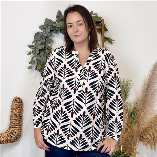 J860 - Blouse imprimé végétal (T44-T52) (marine) – Image 3