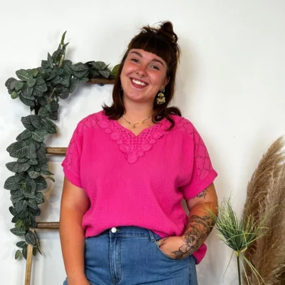 Z348- Blouse Brodée coton (GT) 🇮🇹 - fuchsia - taille-unique-grande-taille