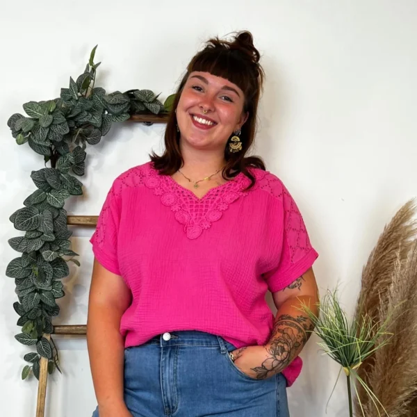 Z348- Blouse Brodée coton (GT) 🇮🇹 - fuchsia - taille-unique-grande-taille