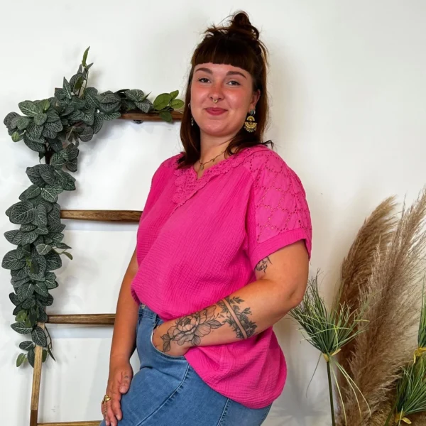 Z348- Blouse Brodée coton (GT) 🇮🇹 - fuchsia - taille-unique-grande-taille