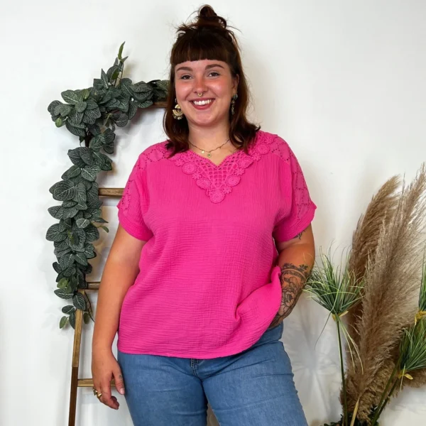 Z348- Blouse Brodée coton (GT) 🇮🇹 - fuchsia - taille-unique-grande-taille