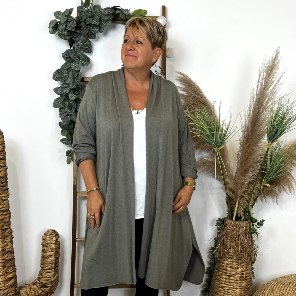 K860- Gilet Long en maille (Gt) - kaki - taille-unique-grande-taille