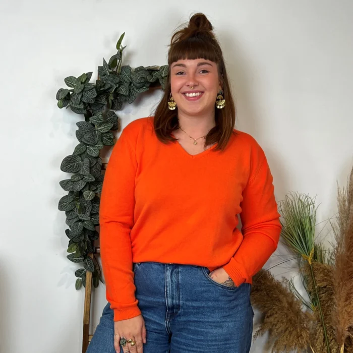 Pull col V laine et cachemire femme TRICOTONIC T44 - orange-vif - 48