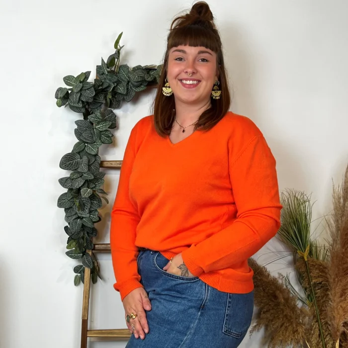 Pull col V laine et cachemire femme TRICOTONIC T44 - orange-vif - 48