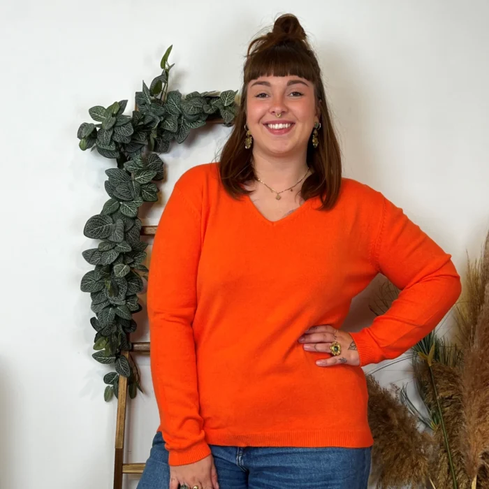 Pull col V laine et cachemire femme TRICOTONIC T44 - orange-vif - 48