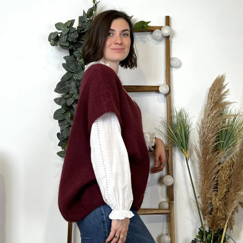 Pull femme col V maille douce « Tendance » - bordeaux - taille-unique-grande-taille