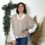 Pull femme col V maille douce « Tendance » - beige - taille-unique-grande-taille