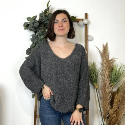 K064- Pull Oversize Maille Bouclette 🇮🇹 - gris - taille-unique