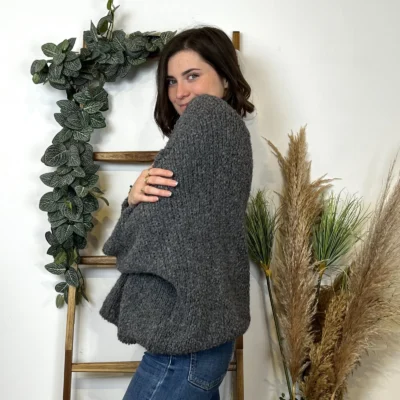 K064- Pull Oversize Maille Bouclette 🇮🇹 - gris - taille-unique