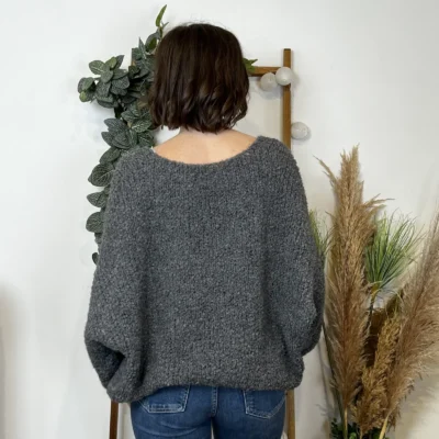 K064- Pull Oversize Maille Bouclette 🇮🇹 - gris - taille-unique