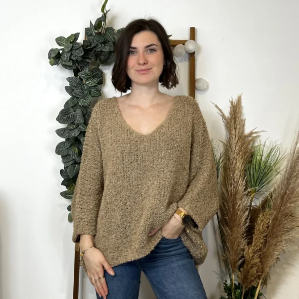 K064- Pull Oversize Maille Bouclette 🇮🇹 - camel - taille-unique