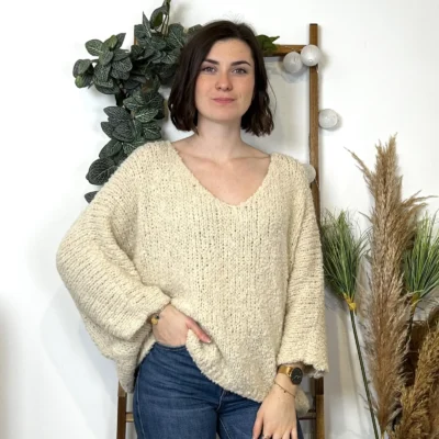 K064- Pull Oversize Maille Bouclette 🇮🇹 - ecru - taille-unique