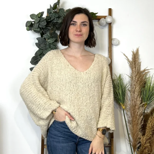 K064- Pull Oversize Maille Bouclette 🇮🇹 - ecru - taille-unique
