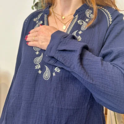 K789- Blouse Coton brodée (T36-T40) - marine - 38