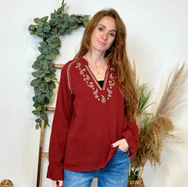 K789- Blouse Coton brodée (T36-T40) - bordeaux - 38