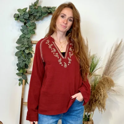 K789- Blouse Coton brodée (T36-T40) - bordeaux - 38