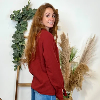 K789- Blouse Coton brodée (T36-T40) - bordeaux - 38