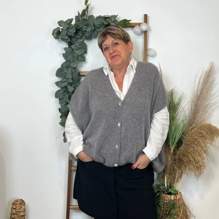 Gilet femme maille douce oversize col V - gris - taille-unique-grande-taille