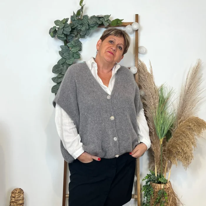 Gilet femme maille douce oversize col V - gris - taille-unique-grande-taille