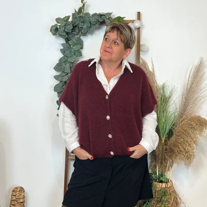 Gilet femme maille douce oversize col V - bordeaux - taille-unique-grande-taille
