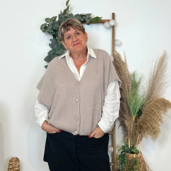 Gilet femme maille douce oversize col V - beige - taille-unique-grande-taille