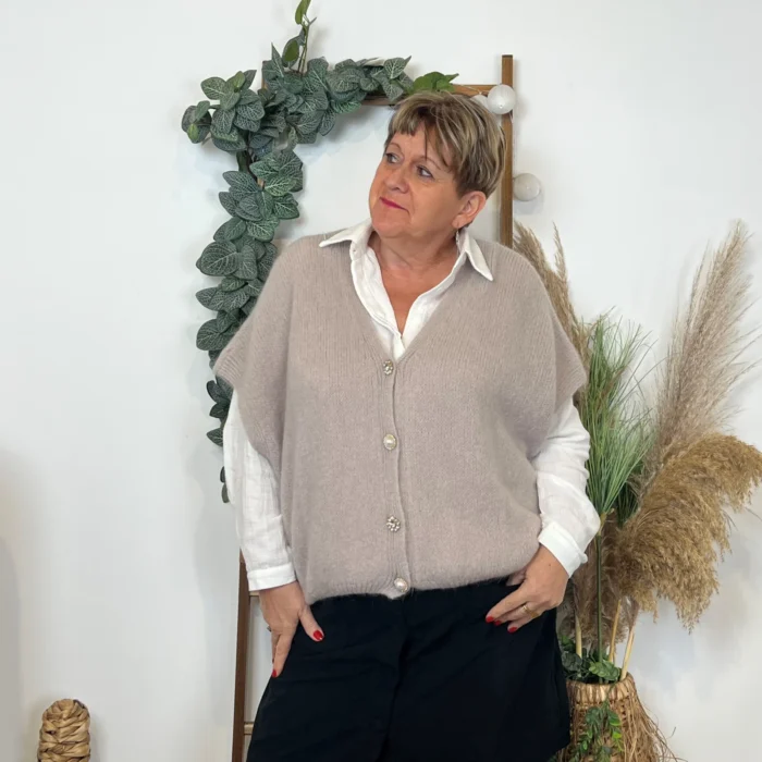 Gilet femme maille douce oversize col V - beige - taille-unique-grande-taille