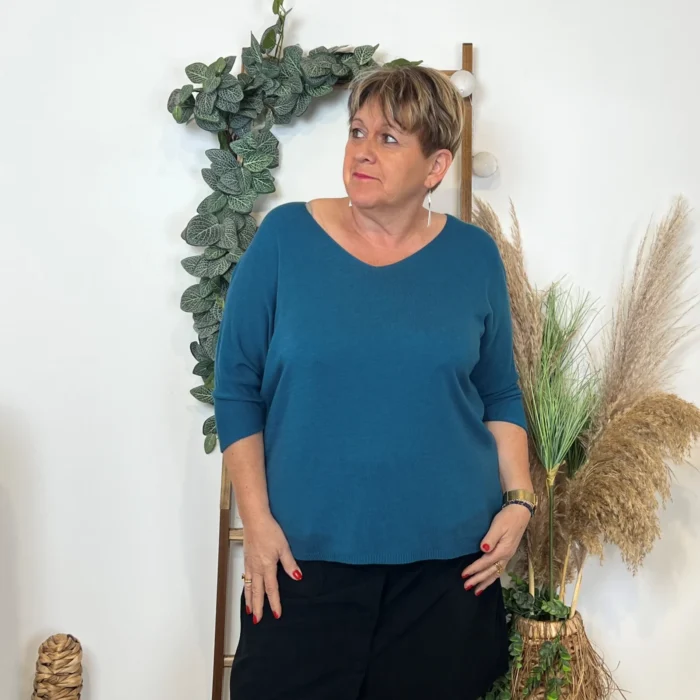 Pull femme manches chauve-souris « Jolies Formes » - bleu-canard - taille-unique-grande-taille