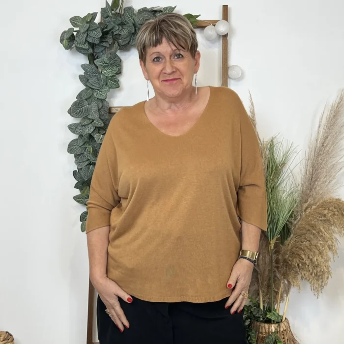 Pull femme manches chauve-souris « Jolies Formes » - camel - taille-unique-grande-taille