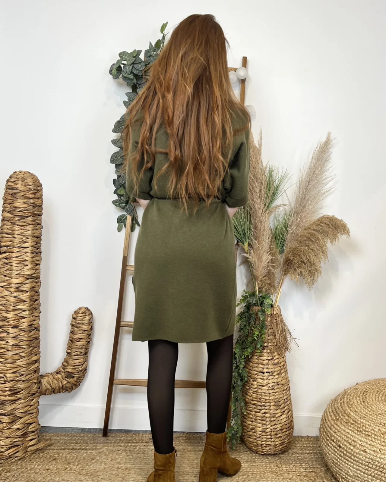 K706- Robe pull ceinturée (Tu) 🇮🇹 - kaki - taille-unique