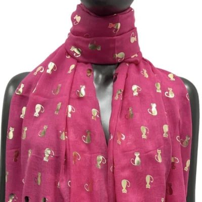 Y515- Foulard "Chats dorés" - fuchsia - sans-taille