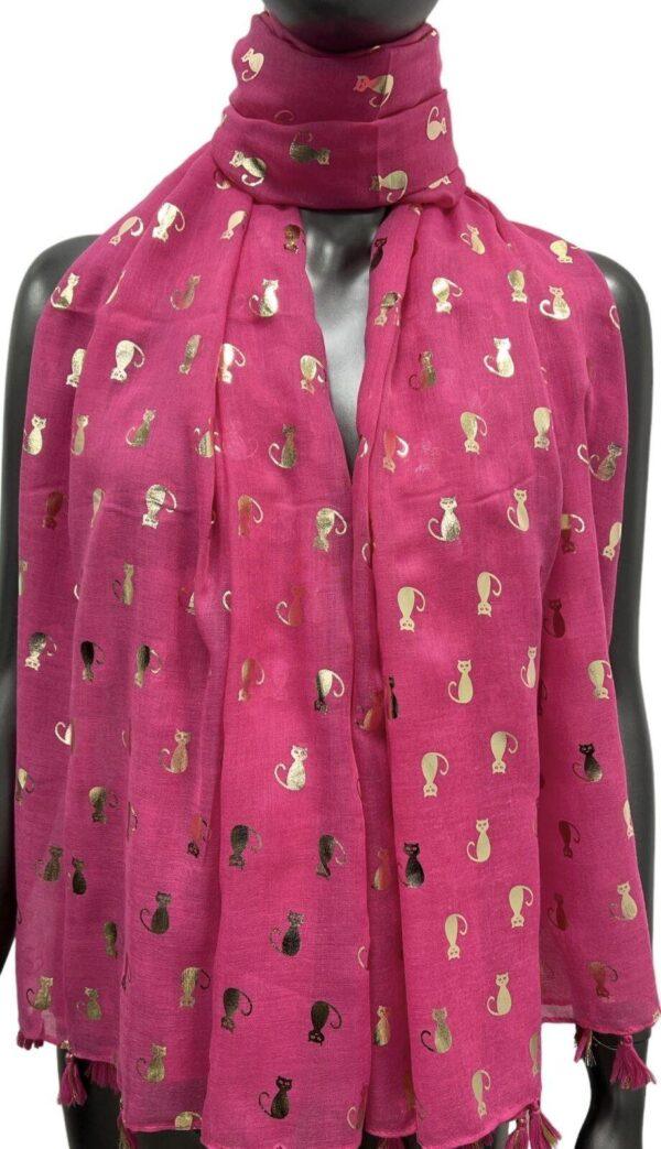 Y515- Foulard "Chats dorés" - fuchsia - sans-taille