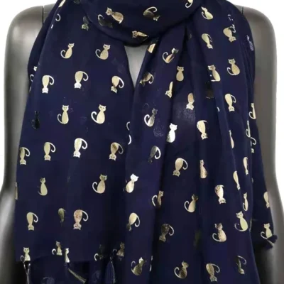 Y515- Foulard "Chats dorés" - marine - sans-taille