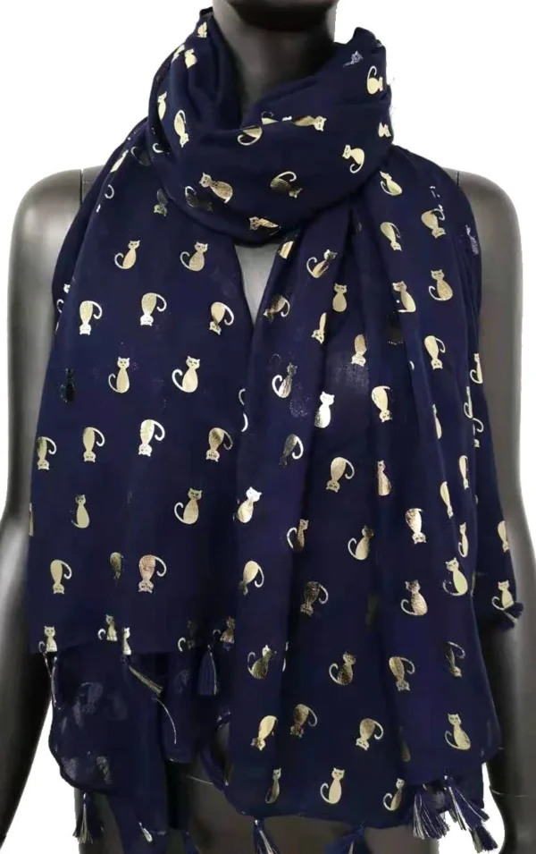 Y515- Foulard "Chats dorés" - marine - sans-taille