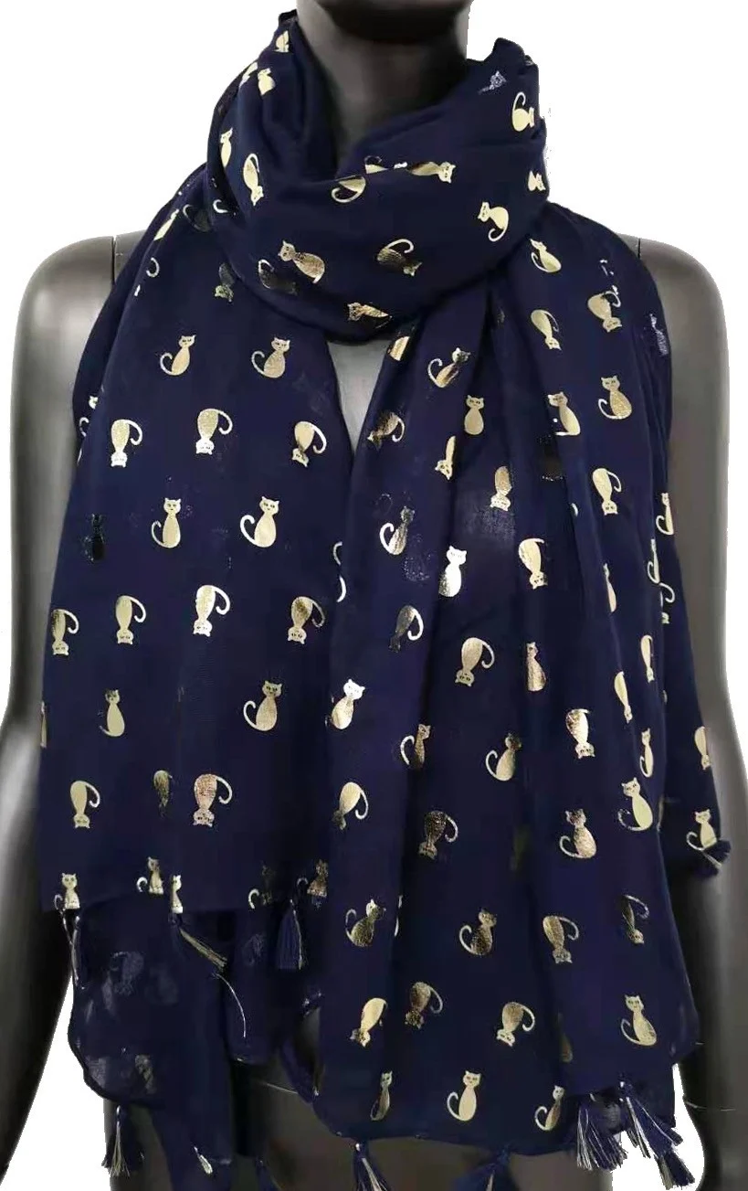 Y515- Foulard "Chats dorés" - marine - sans-taille