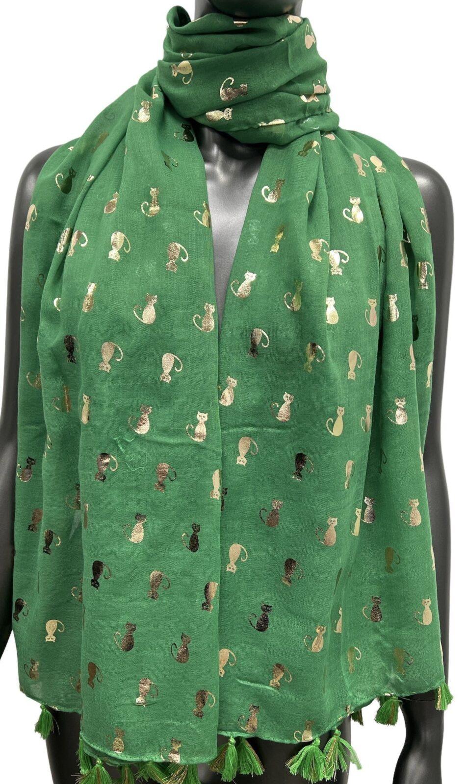 Y515- Foulard "Chats dorés" - vert-bresil - sans-taille