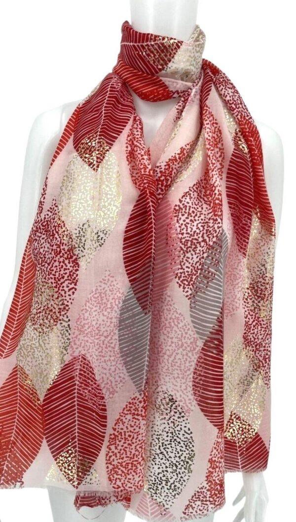 Y527- Foulard Grandes Feuilles doré - rouge - sans-taille