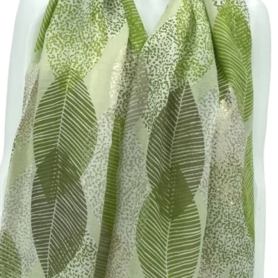 Y527- Foulard Grandes Feuilles doré - vert-anis - sans-taille