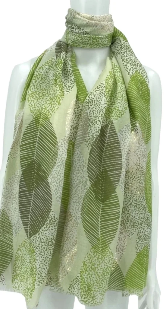 Y527- Foulard Grandes Feuilles doré - vert-anis - sans-taille