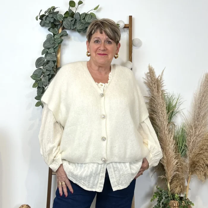 Gilet femme maille douce oversize col V - ecru - taille-unique-grande-taille