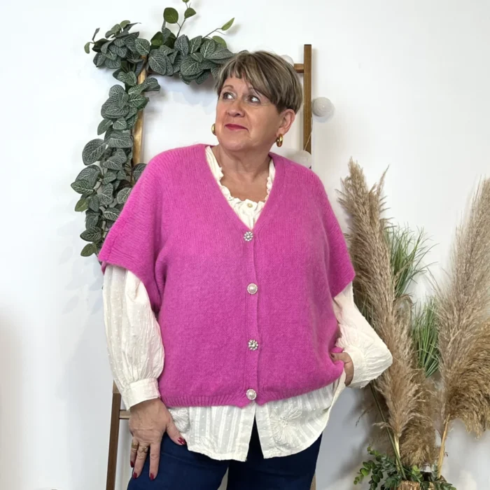Gilet femme maille douce oversize col V - fuchsia - taille-unique-grande-taille