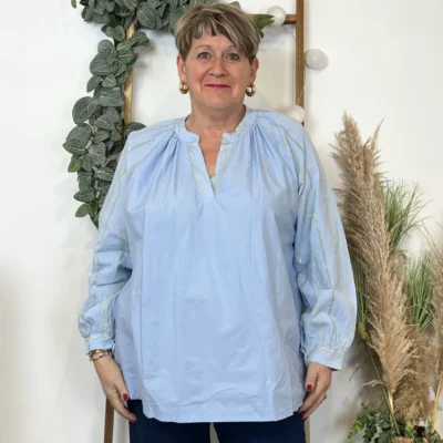 Z327- Blouse brodée coton (Gt) 🇮🇹 - bleu-ciel - taille-unique-grande-taille