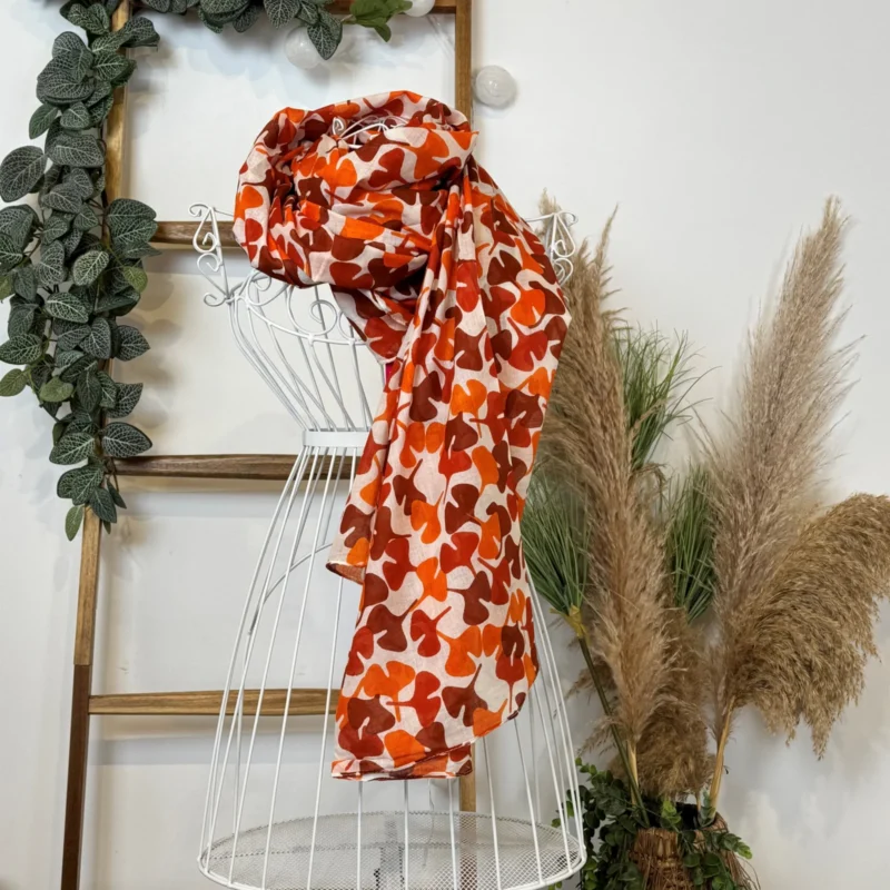 Y511- Foulard imprimé Gingko - orange - sans-taille