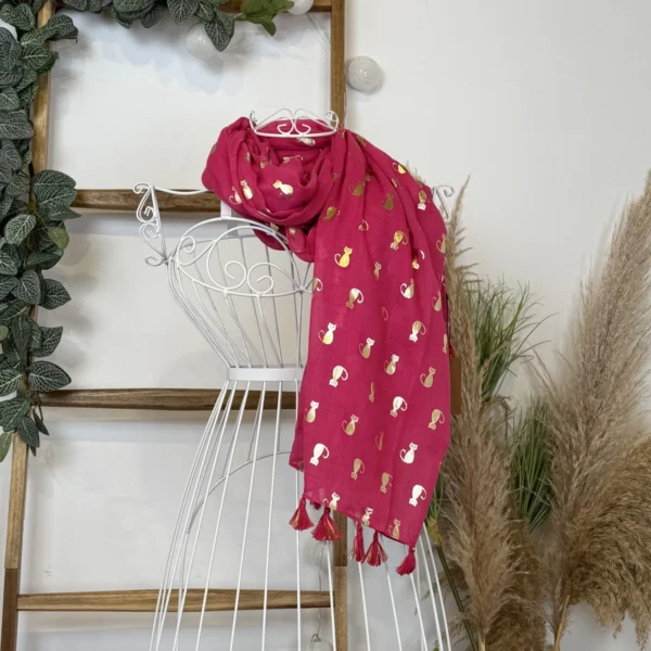 Y515- Foulard "Chats dorés" - fuchsia - sans-taille