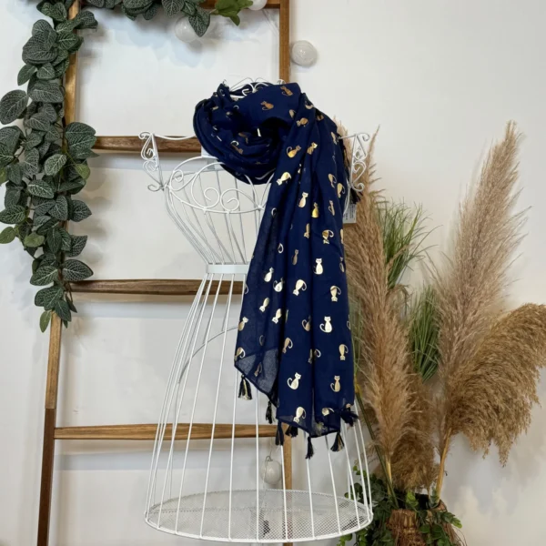 Y515- Foulard "Chats dorés" - marine - sans-taille