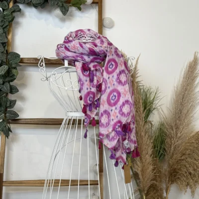 Y521- Foulard Ethnique Pompons - rose-pale - sans-taille